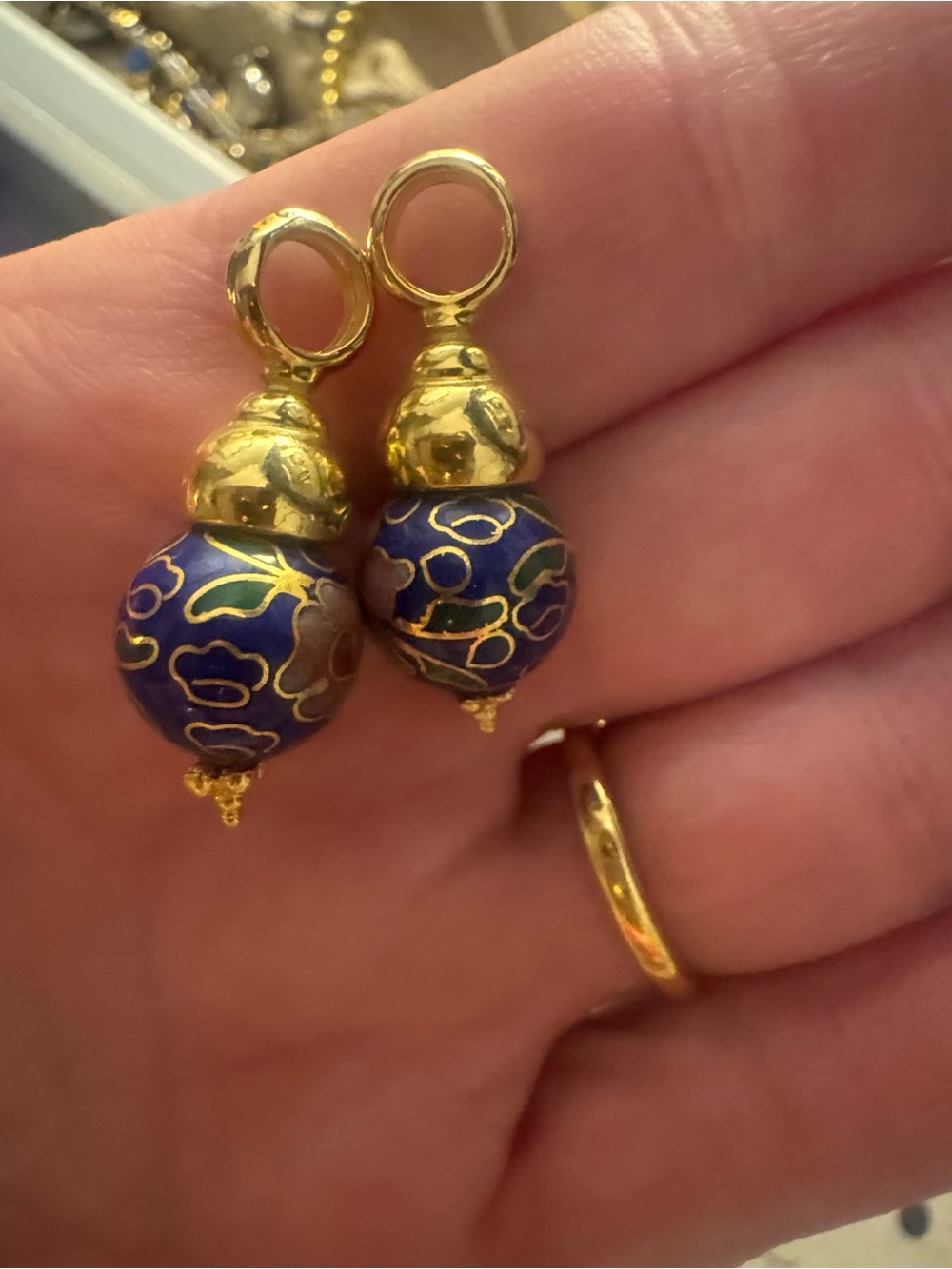 Gold and Blue Cloisonné Drop Earrings